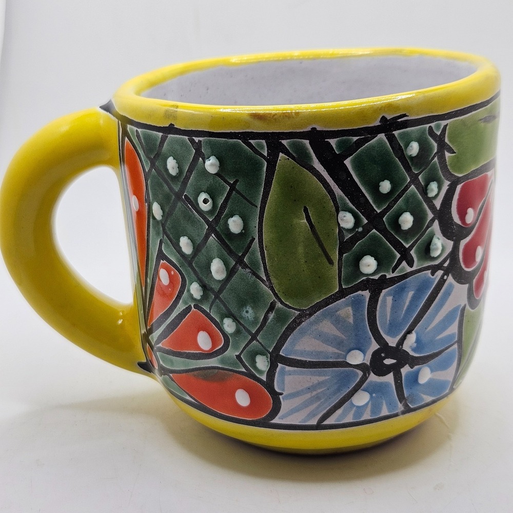 Hand Painted Floral Ceramic Mug Yellow Green Blue Red Folk Art Heavy